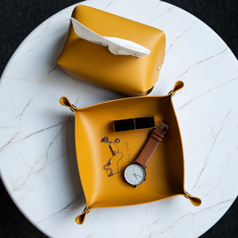 Caja de almacenamiento de cuero nórdico, bandeja de almacenamiento de escritorio, joyería, cesta de almacenamiento de llaves y cosméticos, estuche de almacenamiento plegable, organizador de mesa