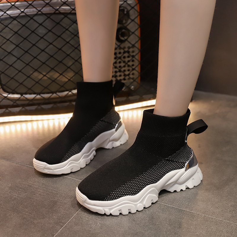 Fujin tykk joggesko pustende kvinner fast kile fjær høy topp sokker sko dame tykk bunn sko dame