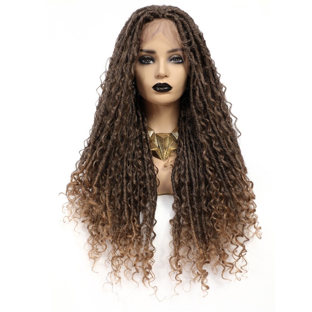 Soku Brown Dreadlocks Braided Wigs Synthetic Lace Frontal Wig with Faux Locs Curly River Crochet Braid Middle Part Braids Wig