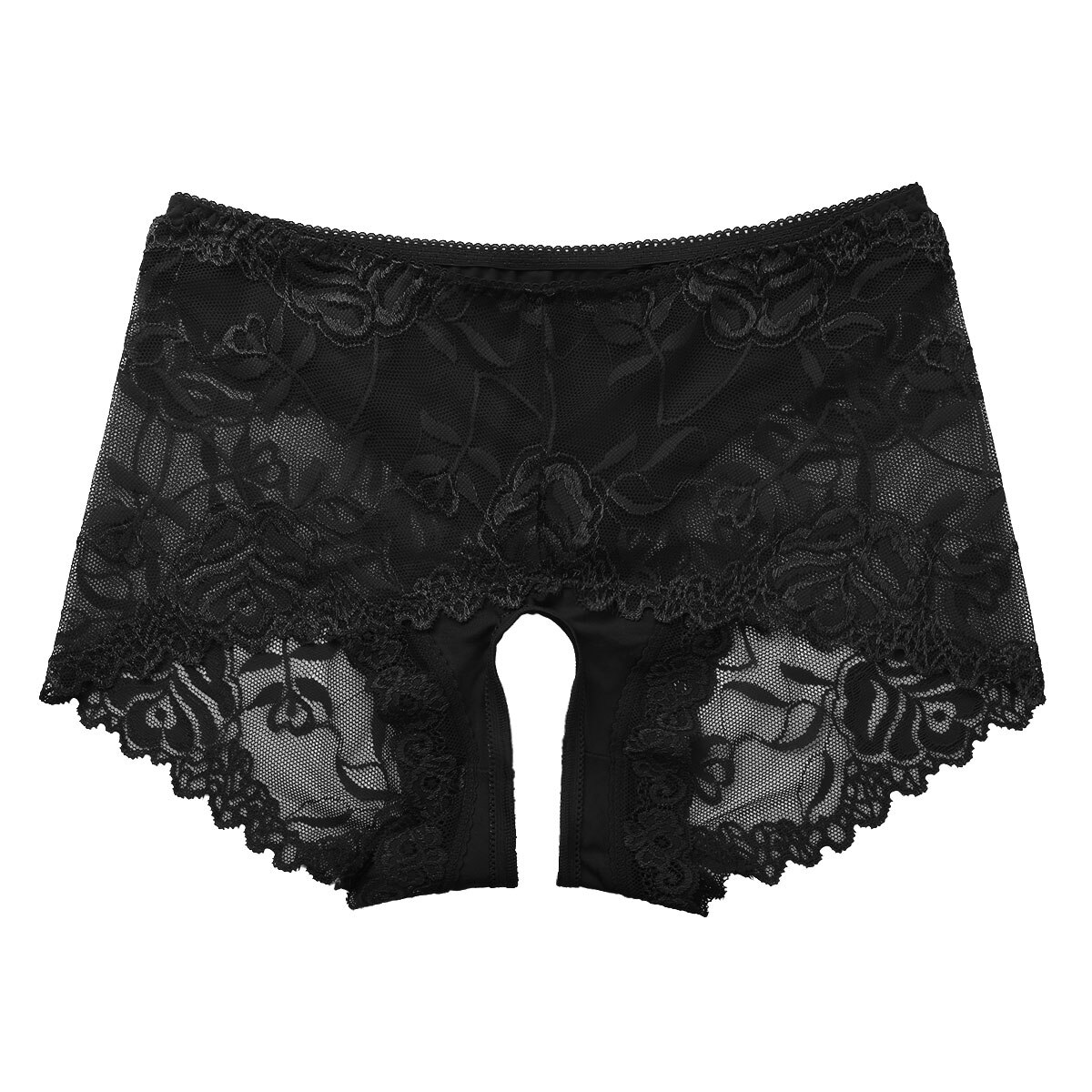 Men Bikini Underwear Sissy Panties See Though Sheer Lace High Waisted Briefs Gay Underpants Girly Temptation Crotchless Panties: Black / L