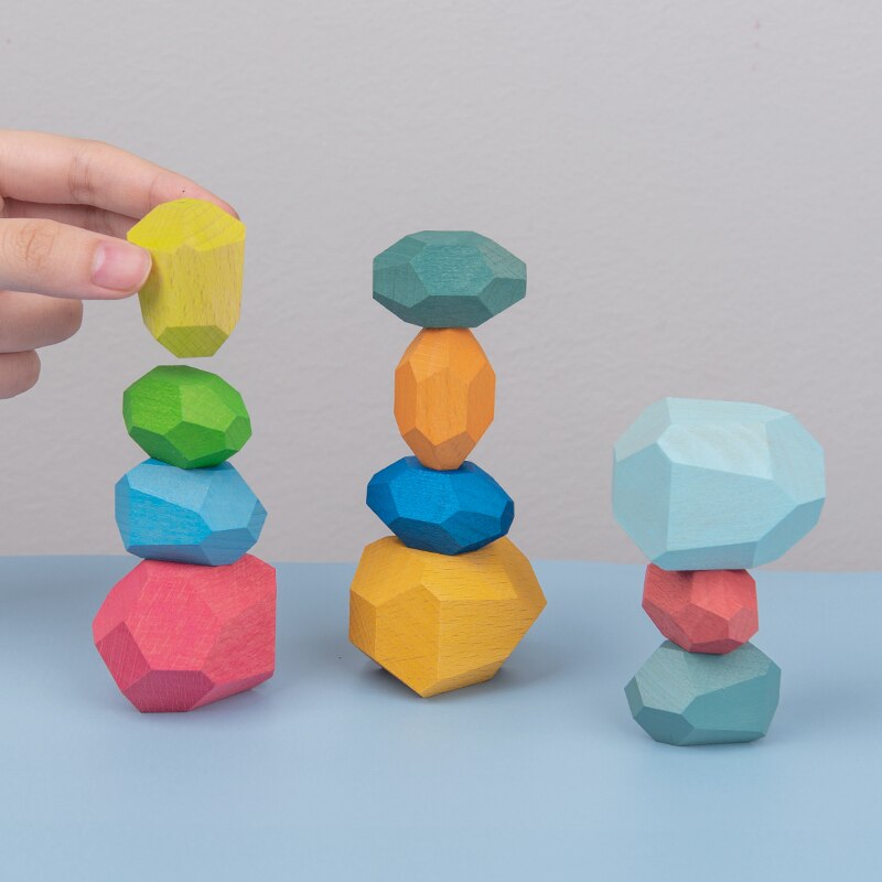 Children Colored Stone Jenga Stacking Blocks Educational Toy Nordic Style Rainbow Stone Wood Blocks Baby Wooden Toys