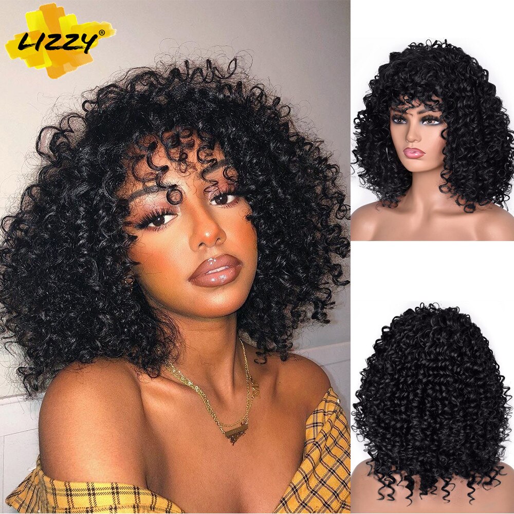 Kort Haar Synthetische Pruik Krullend Afro Pruiken Voor Zwarte En Witte Vrouwen Omber Lijmloze Natuurlijke Hoge Temperatuur Krullen 14Inch lizzy: #1B