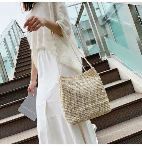 Women Crossbody Shoulder Bag Knitted Straw Messenger Satchel Handbag Bucket Bag