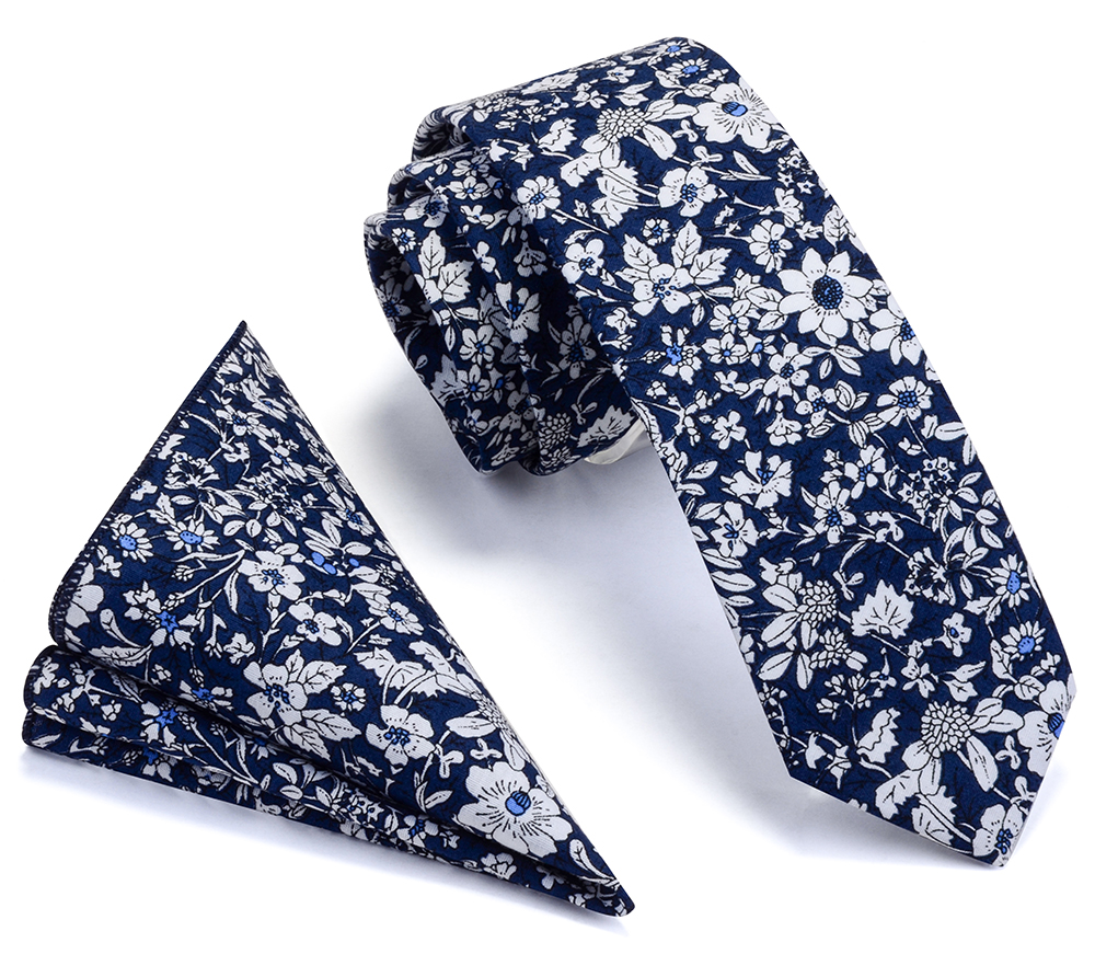 Ricnais 100% Cotton 6cm Slim Pocket Square Necktie Set Red Bule Floral Print Handkerchief Ties Set For Men Party Skinny Neck Tie: 04