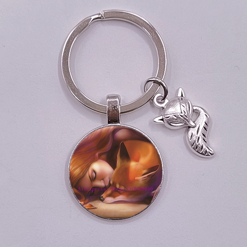 Porte-clés en verre, renard et fleur de dessin animé pour femmes, joli Animal coloré pour filles