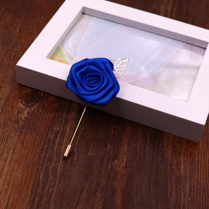 New1Pcs Best Man Groom Boutonniere Silk Satin Rose Flower men buttonhole Wedding Party Prom Man Suit Corsage Pin Brooch: Royal Blue