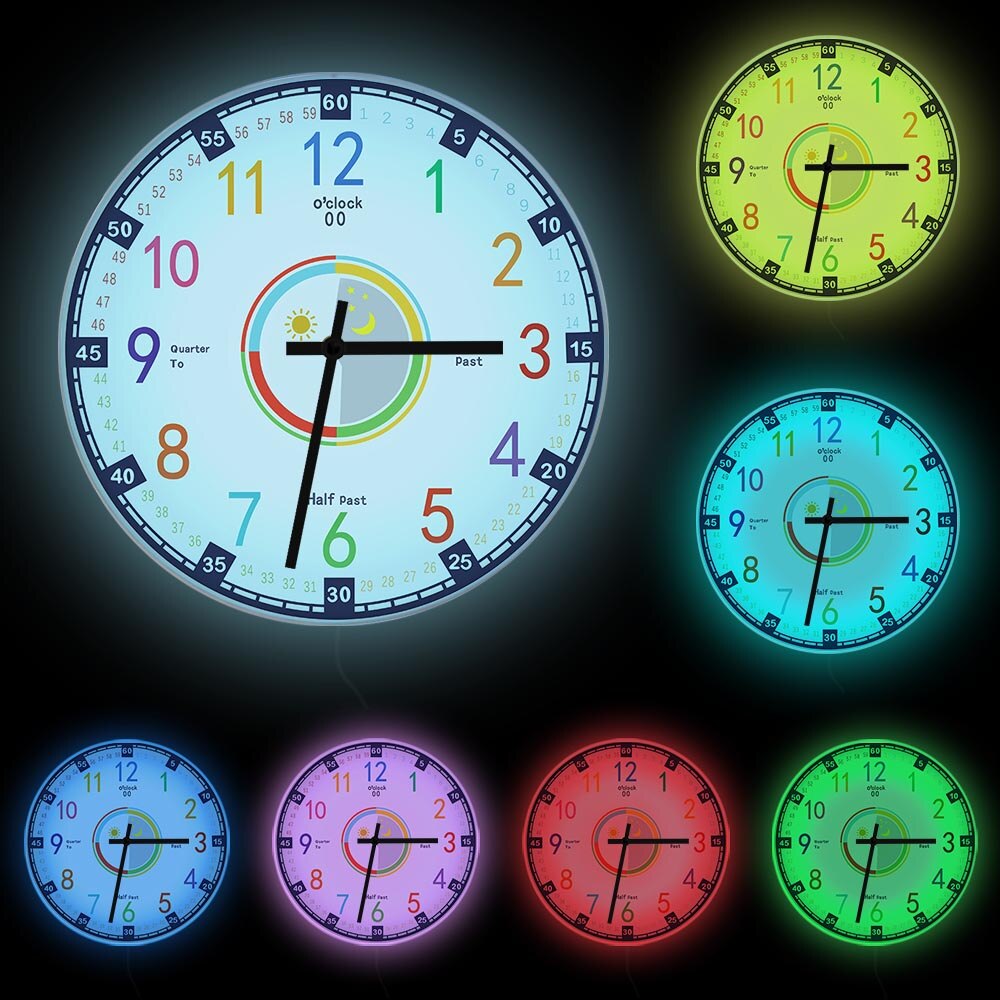 Learning Time Educational Wall Clock Kindergarden Preshool Math Activity Silent Non-ticking Hanging Watches Home Decor For Kids: White Frame With LED