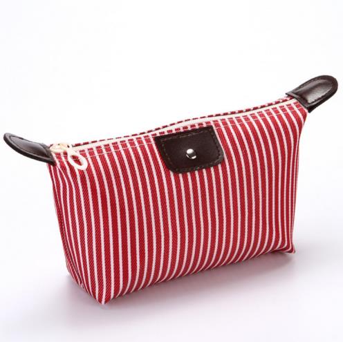 Saco de armazenamento cosmético feminino com zíper listrado oxford pano bolsa de viagem cosméticos casos: Vermelho