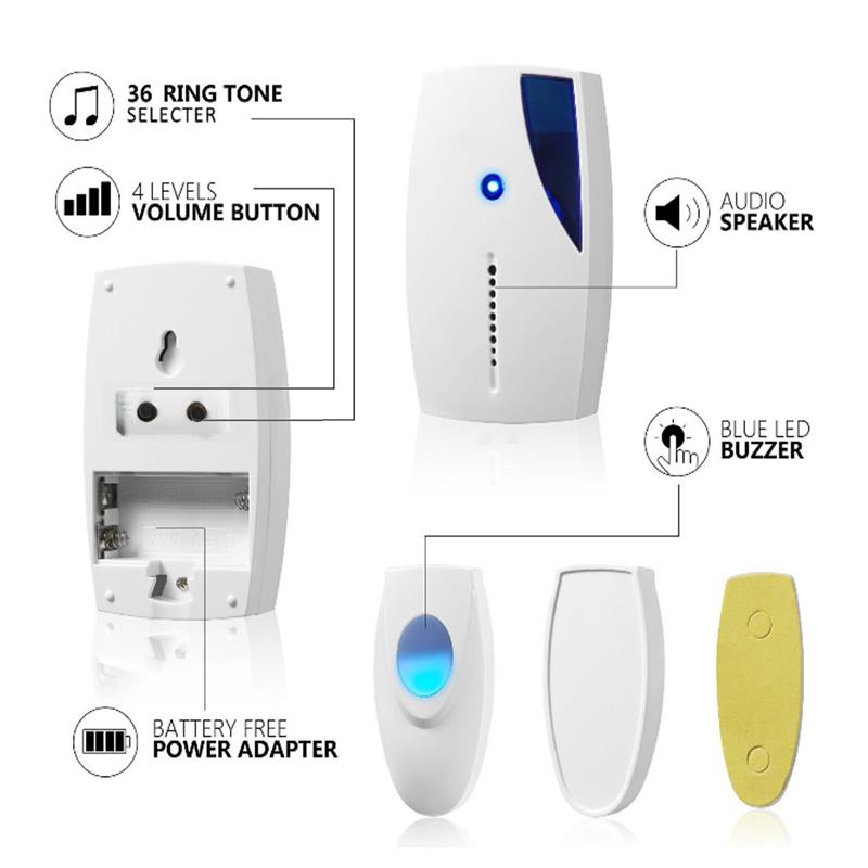 36 Tune Chimes Songs Waterproof LED Wireless Doorbell Remote Control Door Bell With High-Frequency Vibration Body