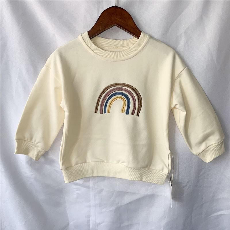 Efterår baby piger broderi regnbue sweatshirts langærmede toppe børn småbørn drenge pullover sweatshirt regnbue t-shirt tøj: Beige hvid / 80cm 12m