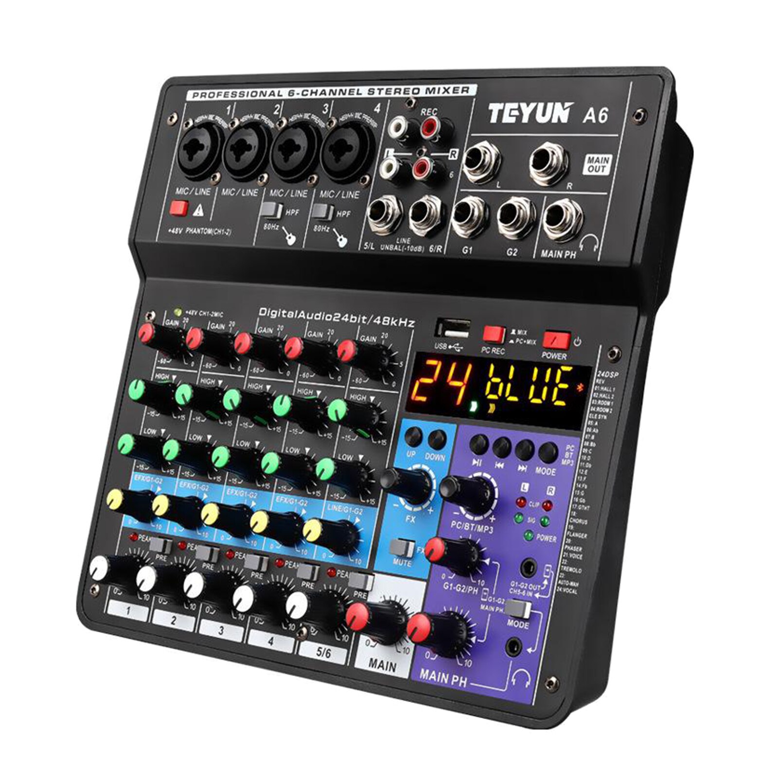 Mélangeur Audio sans fil à 6 canaux Console de mixage sonore Portable Interface USB entrée d'ordinateur 48V moniteur d'alimentation fantôme pour l'entrée