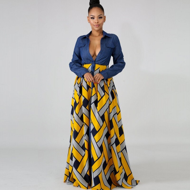 Big Swing African Maxi Dresses For Women Denim Patchwork Robes Gown African Party Dress Vestidos: Yellow / L