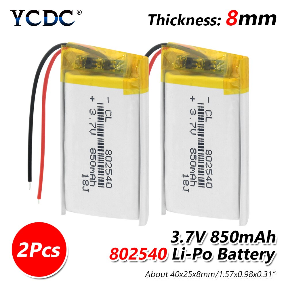 3.7v li po li-ion batteries 3 7v paquet 3.7V polymère lithium batterie 802540 082540 850MAH pour GPS MP3 MP4 MP5 lumière LED RC drone: 2Pcs