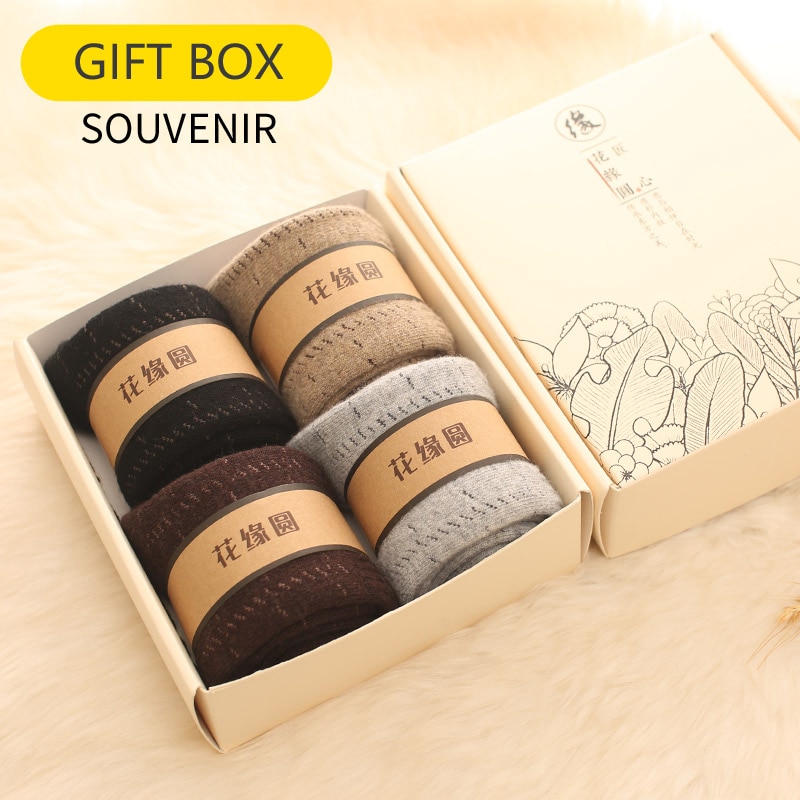 Mérinos-chaussettes chaudes et longues pour hommes, 4 paires, en laine épaisse, serviette à boucle en cachemire en peluche, robe douce en coton