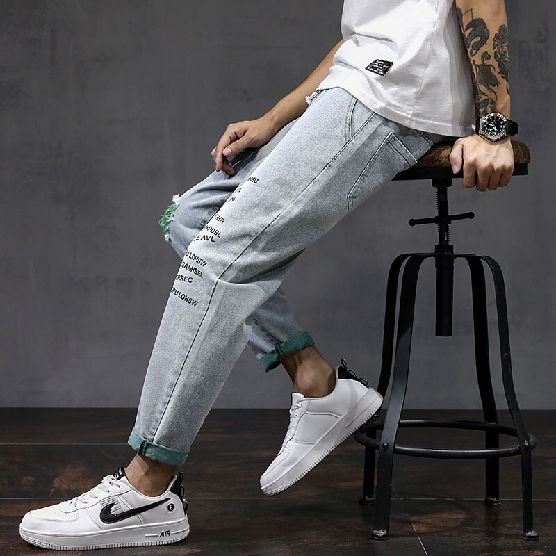 Pantalones vaqueros rectos rasgados para hombre, pantalones largos de , ropa de calle, pantalones bombachos ajustados, mallas recortadas verdes para hombre, otoño