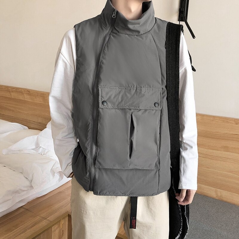 Vesten Mannen Kant Ritsen Zakken Solid Chic Warm Retro Grote Maat 2XL Oversize Heren Cargo Vest Dagelijks Uitloper Ulzzang Chic