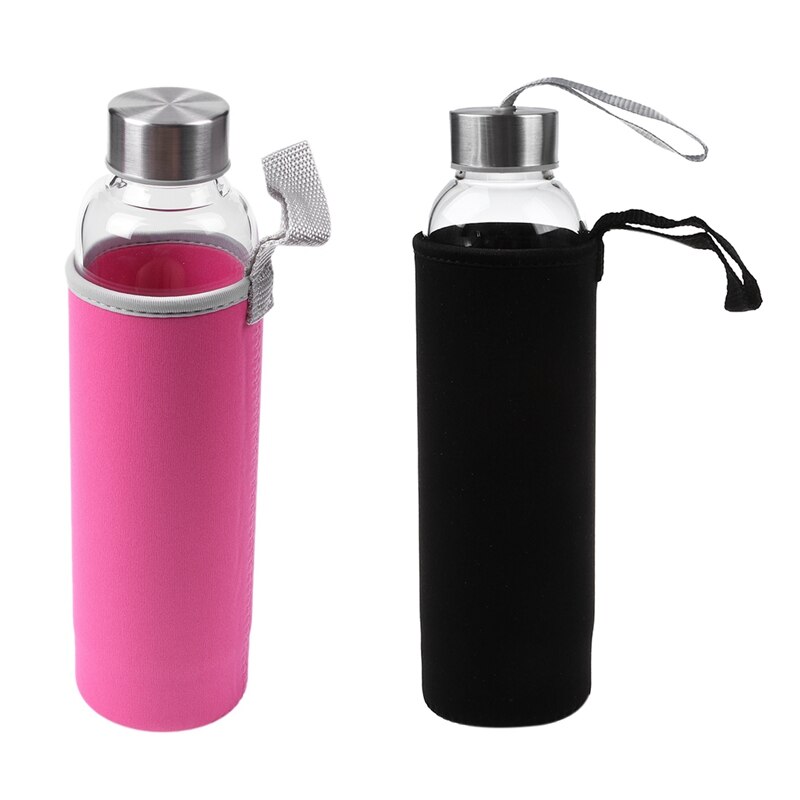 2x glas sport vandflaske med tefilter beskyttelsespose 550ml sort og lyserød