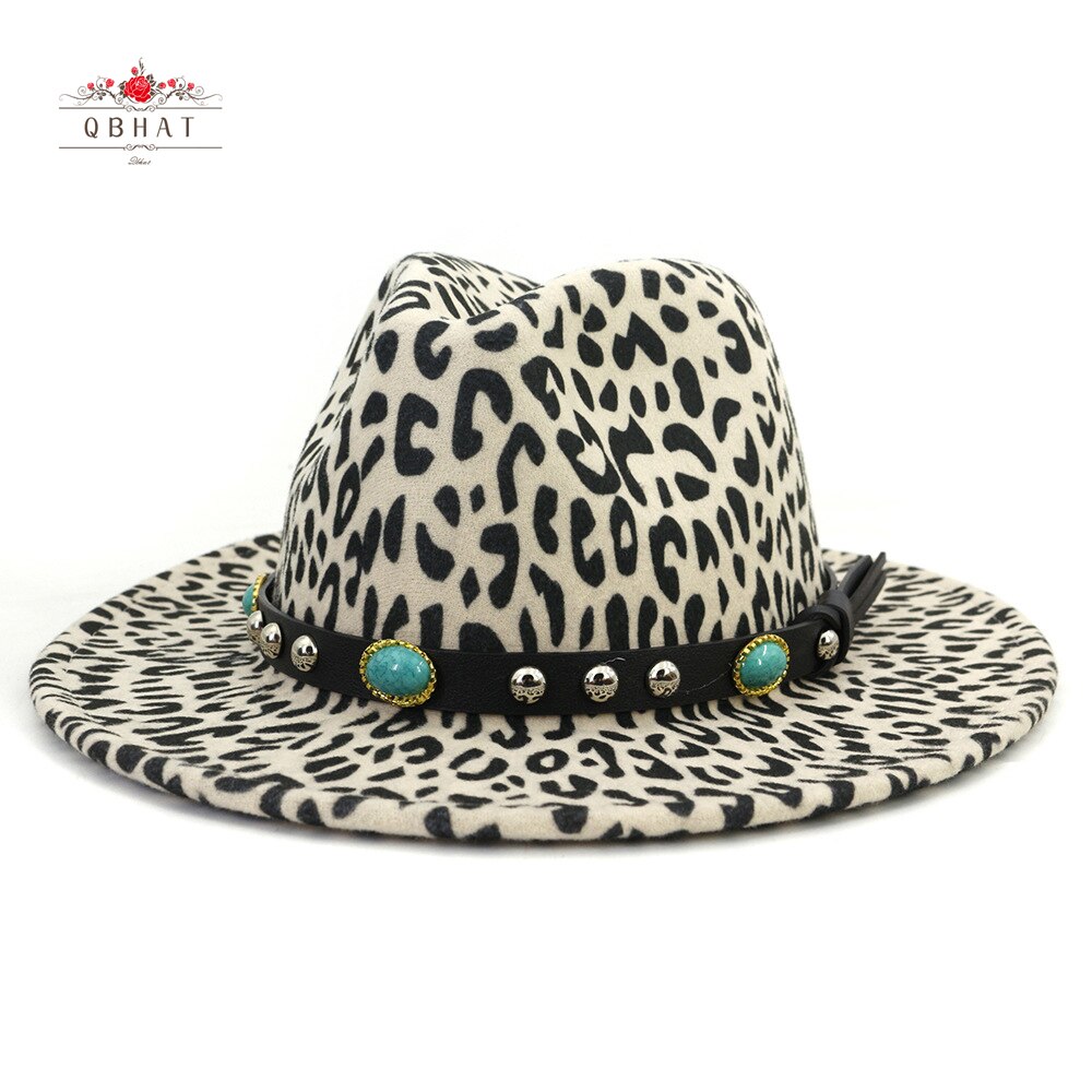 Qbhat unisex europeisk stil dam ull fedorahattar med turkos läder band bred brätte leopardmönstrad jazz filt hatt
