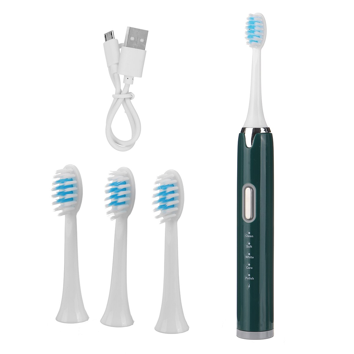 Electric Toothbrush USB Rechargeable Automatic Sonic ToothBrush 5 Models Waterproof Cleaning Bathroom Tool with 4 Brush Heads: Green