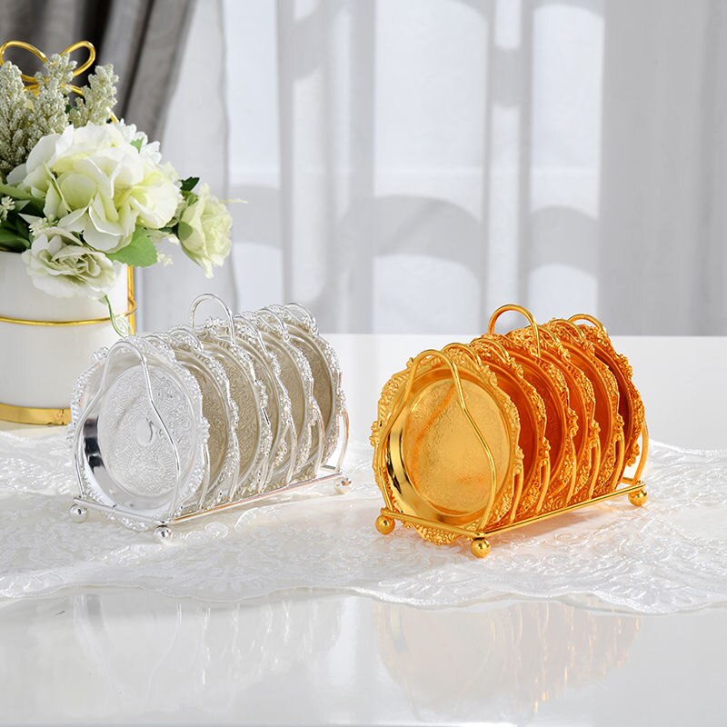 6pc Classical Golden Cocktail Metal Coaster Continental Vintage Zinc Alloy Plated Gold Plated Mat placemat diameter 10.5cm