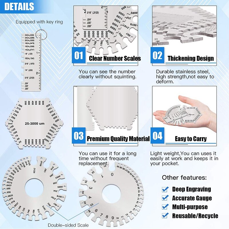 3 Pcs Stainless Steel Welding Gauge Set Wet Film Comb Wire Metal Sheet Thickness Gauge Round Dual-Sided Wire