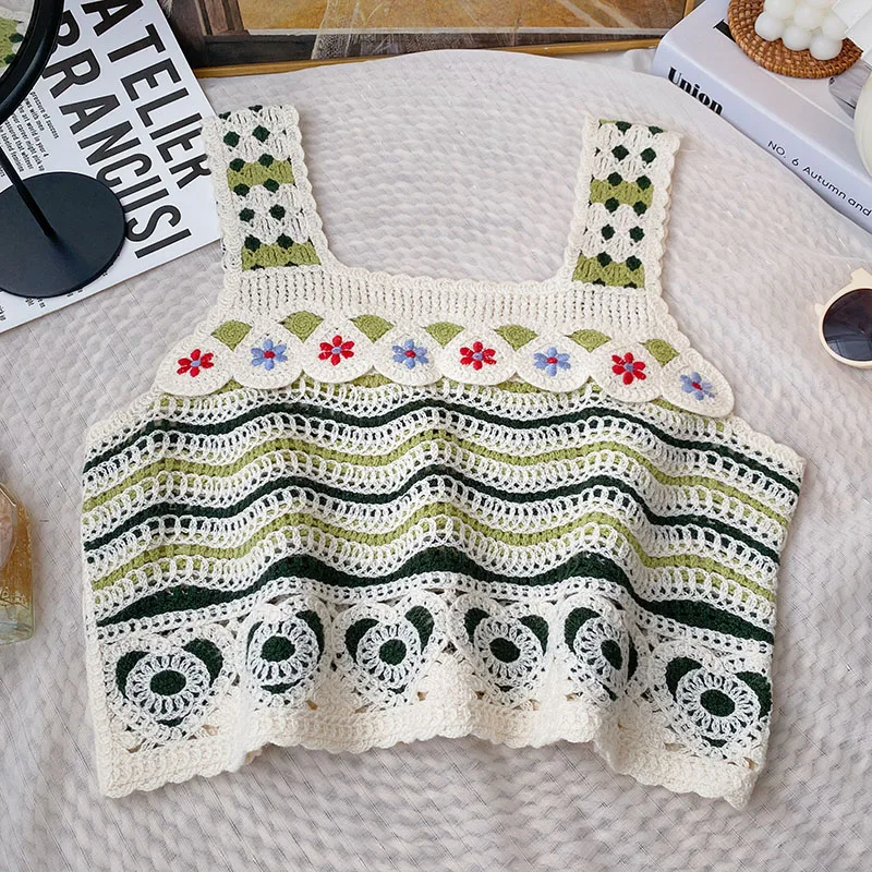 Hæklet tanktop med broderi, åben strik, firkantet, ærmeløs crop top til kvinder, sommer, fairycore, cottagecore, bedstemor vintage outfit