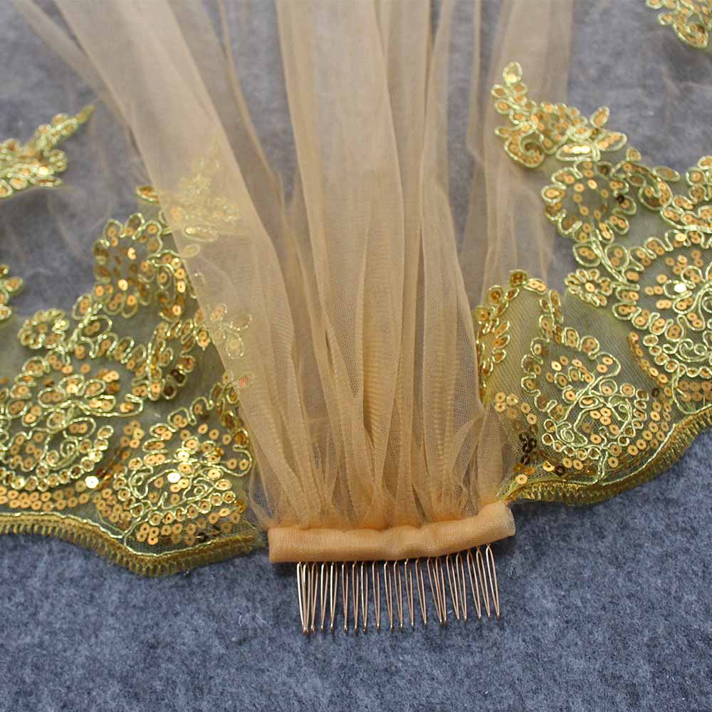 Gold Lace Appliques with Sequins Wedding Veil One Meter One Layer Bridal Veil Colorful Veil for Bride Velo de Novia