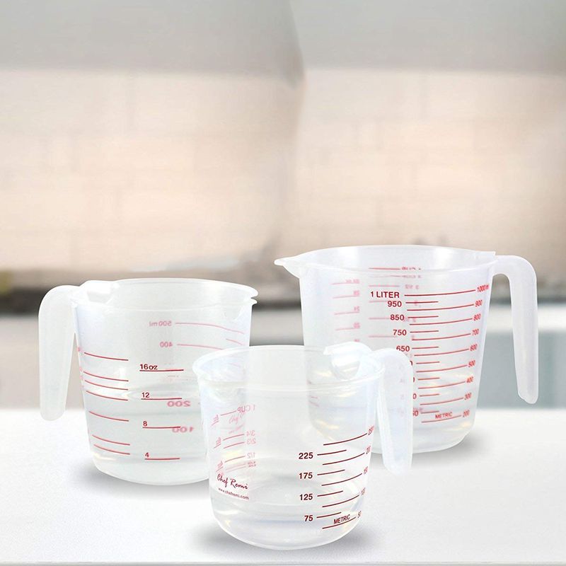 3pc plast målekande sæt store 4 kop , 2 kop og 1 kop kapacitet bpa fri målebæger med vinklet greb essentiel kitche