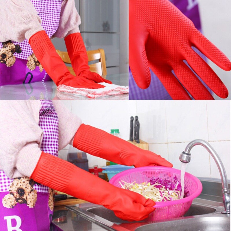 Dame fleksible komfortable gummi rene handsker rød skål vask lange handsker husholdnings rengøringsværktøj handsker beskytter