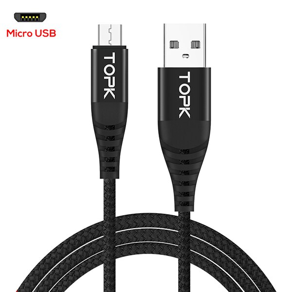 Topk-cabo micro usb de nylon trançado, para celulares android, samsung s7 edge, xiaomi redmi 4x: Micro Black / 0.5m