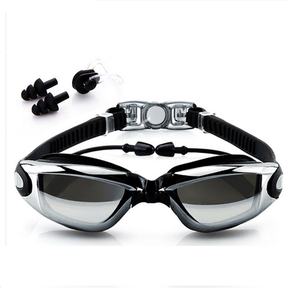 Svømmebriller ingen utæt anti-tåge uv-beskyttelse svømmebriller med næseklip øreproppebeskyttelsesetui til voksne mænd kvinder børn: Sort