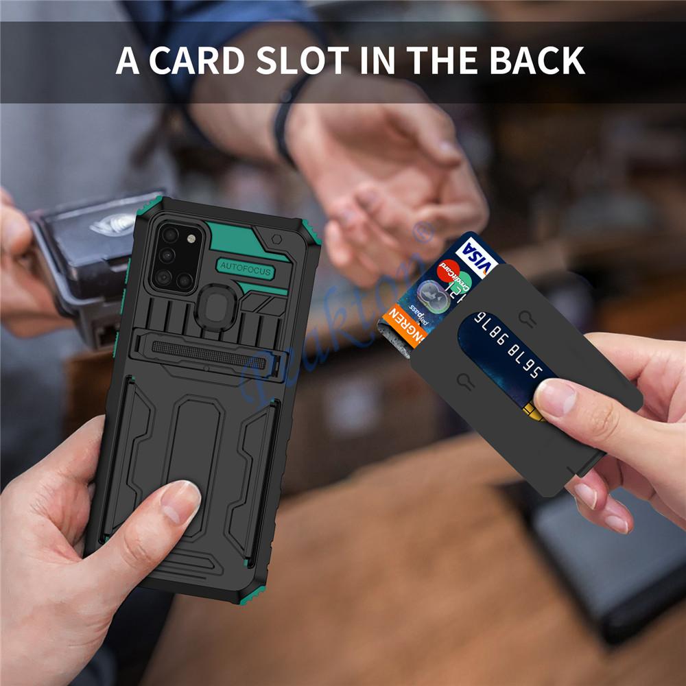 Voor Galaxy A21S Case Voor Samsung A21S Card Armor Coque Stand Holder Shockproof Bescherming Telefoon Terug Beschermhoes SM-A217F