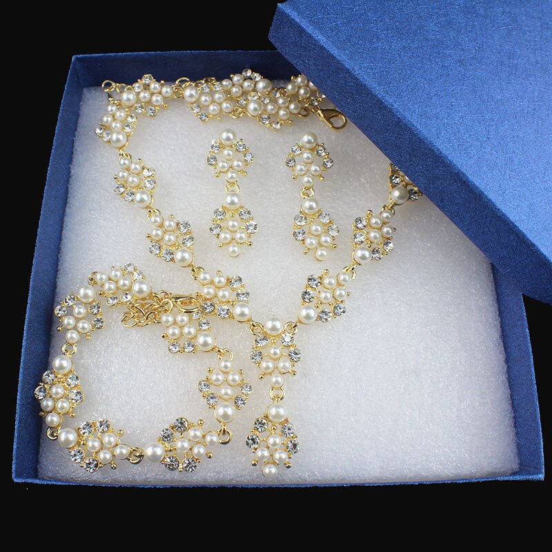 Jiayijiaduo Imitação pearl jewelry set 3 ps para as mulheres de noiva acessórios do casamento colar brincos de ouro-cor pulseira de presente: 1 box