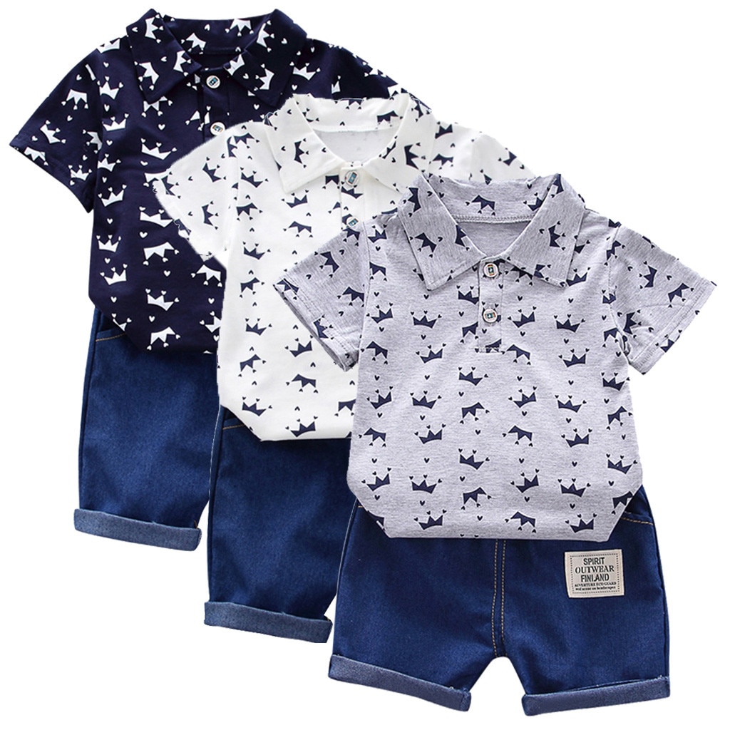 Kleding Outfits Set Peuter Kids Baby Boy Korte Mouwen Kroon Patroon Shirt Tops + Denim Broek Set vestido menina enfant fille