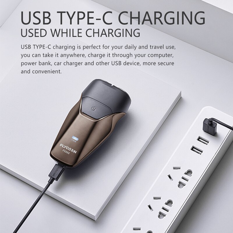 Flyco ipx 7 elektrische waterdichte scheermes, intelligente nat-droog baardtrimmer, afwasbaar scheerapparaat voor mannen, 3d type c, usb, snel opladen