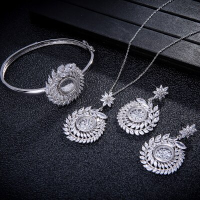 Collar de circonia cúbica + pendiente + brazalete para mujer, conjunto de joyería de boda, rama de olivo, Semi-sector, de , D1383: Platinum3pcs set