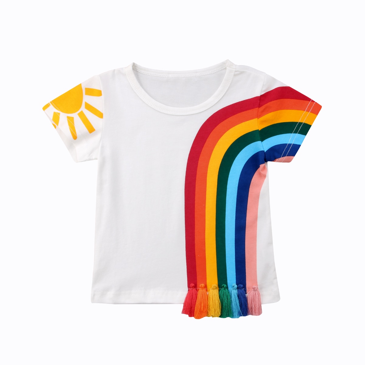 Peuter Kids Baby Meisjes Korte Mouw Casual Regenboog T-shirt Kwastje Patchwork Katoenen T-shirt Tops