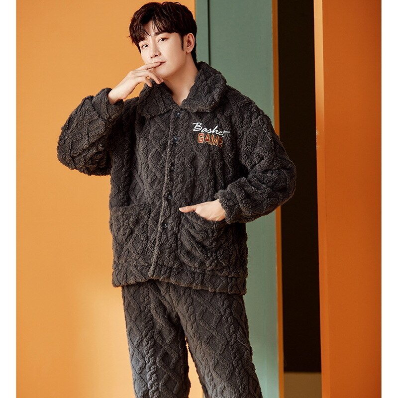 Big Size 3XL Male Pajamas Sets Flannel 2PCS Sleepwear Long Sleeve Shirt&amp;Shorts Letter Pijamas Suit Home Wear Winter Nightwear