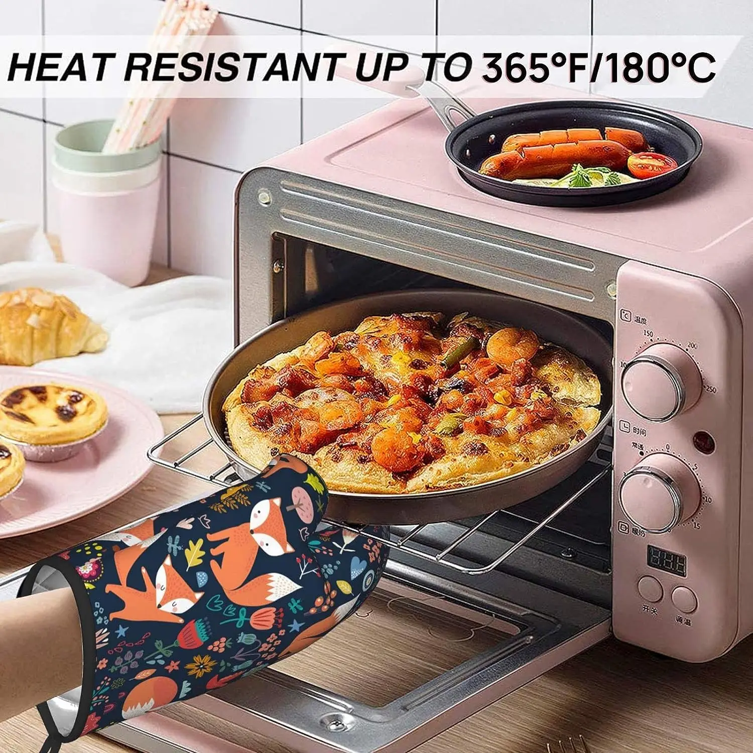 Fuchs ofenhandschuhe und topflappen-sets,  of 2 hitzebeständige, rutschfeste ofenhandschuhe und topflappen zum kochen, backen, grillen und bbq