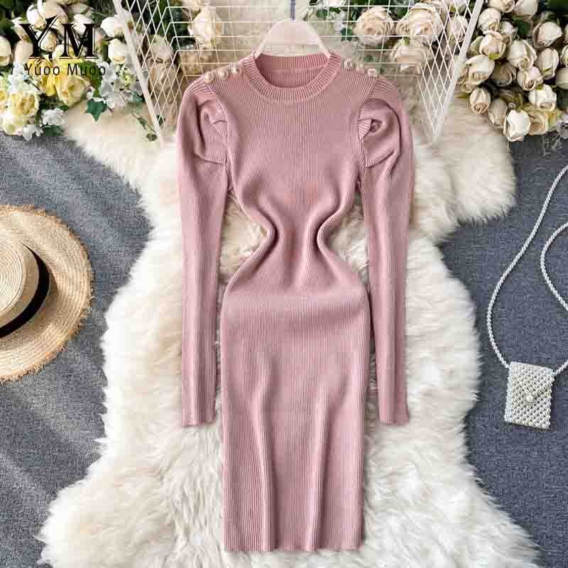 Yuoomuoo Herfst Winter Vrouwen Gebreide Jurk Europa Knoppen Lange Puff Mouwen Elegante Jurk Dames Bodycon Jurk: Roze