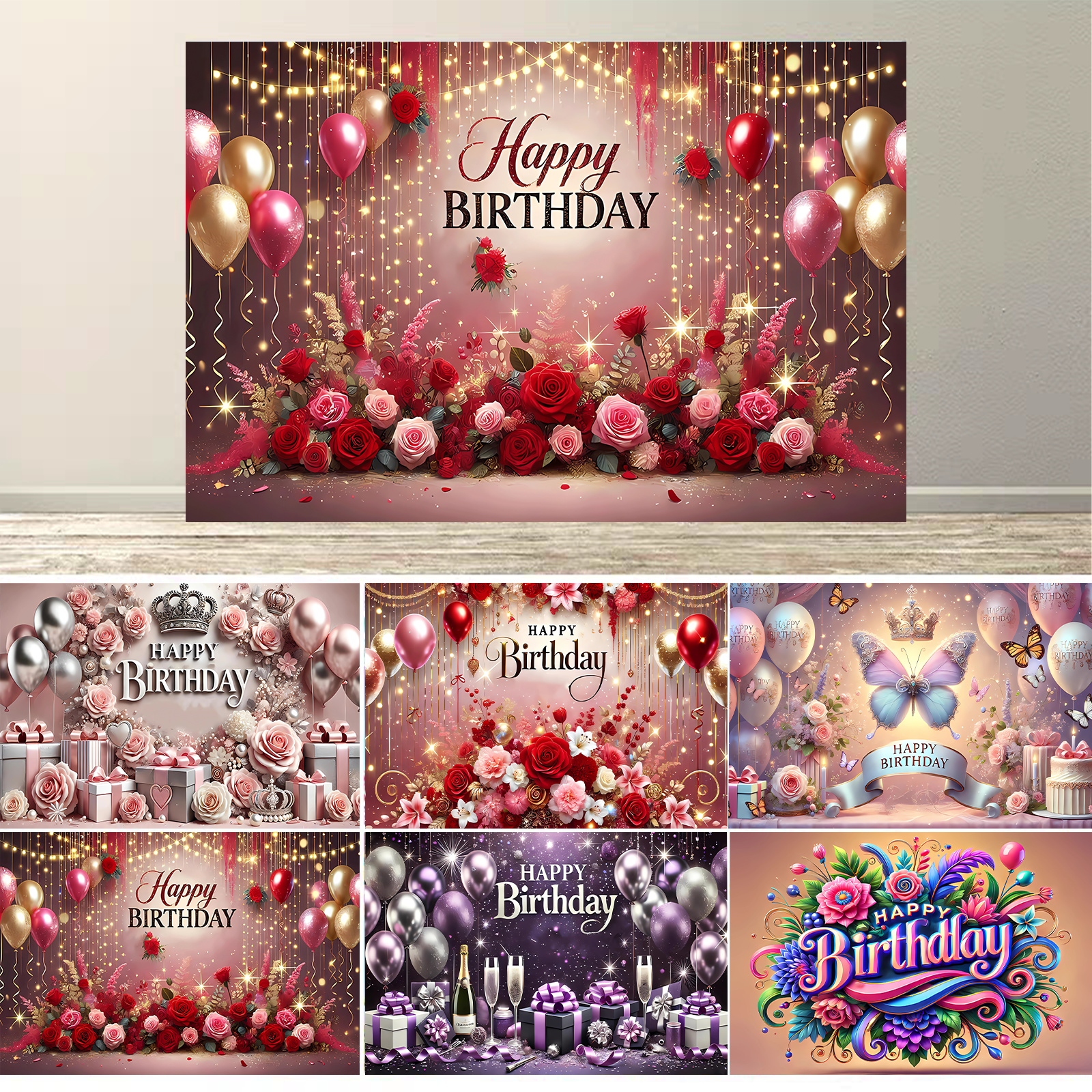Dewprint Happy Birthday Backdrop Banner for Women Party Decorations Photoshoot Photography Background Curtains Screen Props