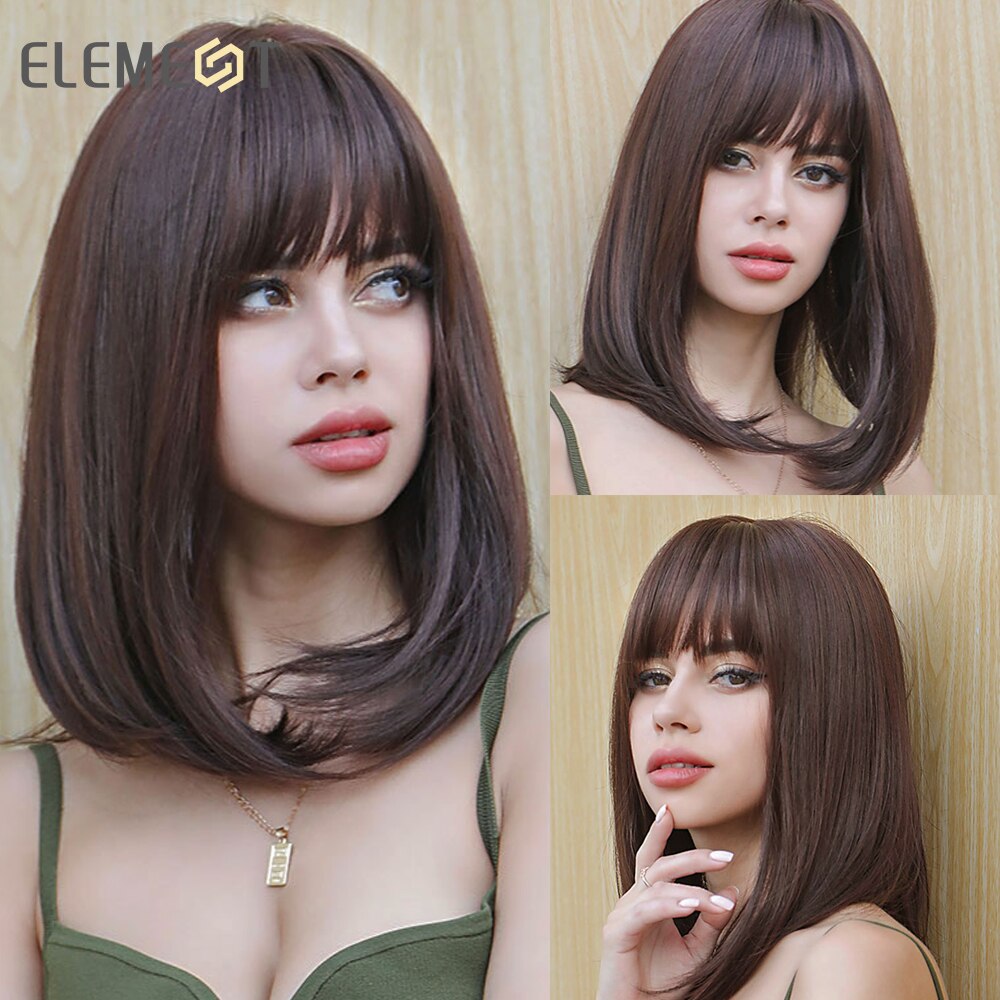 Element Synthetic Short Straight Bob Wigs for White/Black Women Ombre Brown Blonde Cosplay Party or Daily Wigs with Bangs: LC8017
