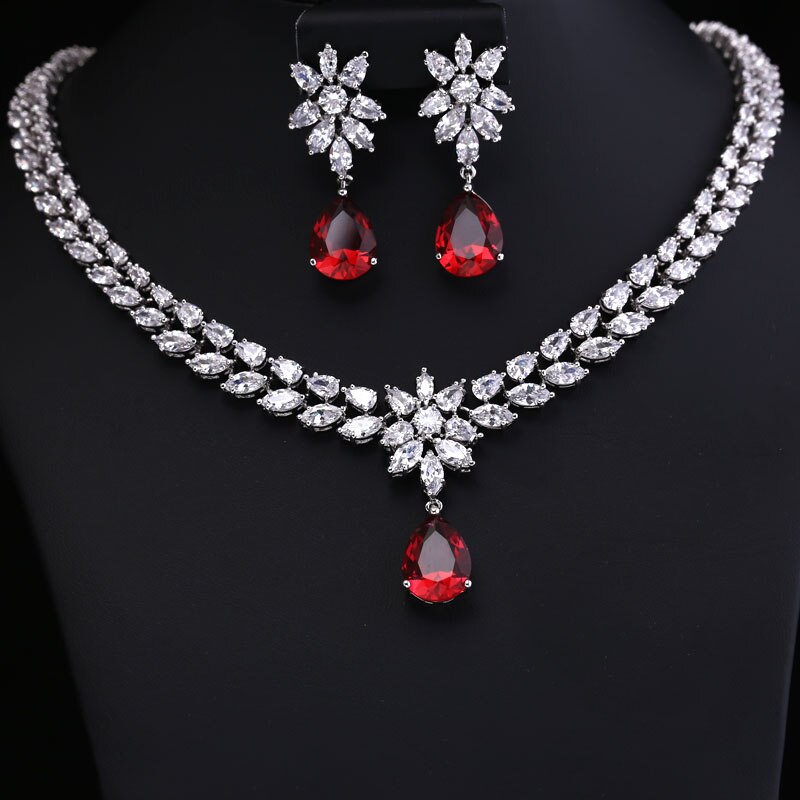 Kleur BESTE BRILLIANT CRYSTAL ZIRKOON OORBELLEN EN KETTING SIERADEN SET TROUWJURK ACCESSARIES