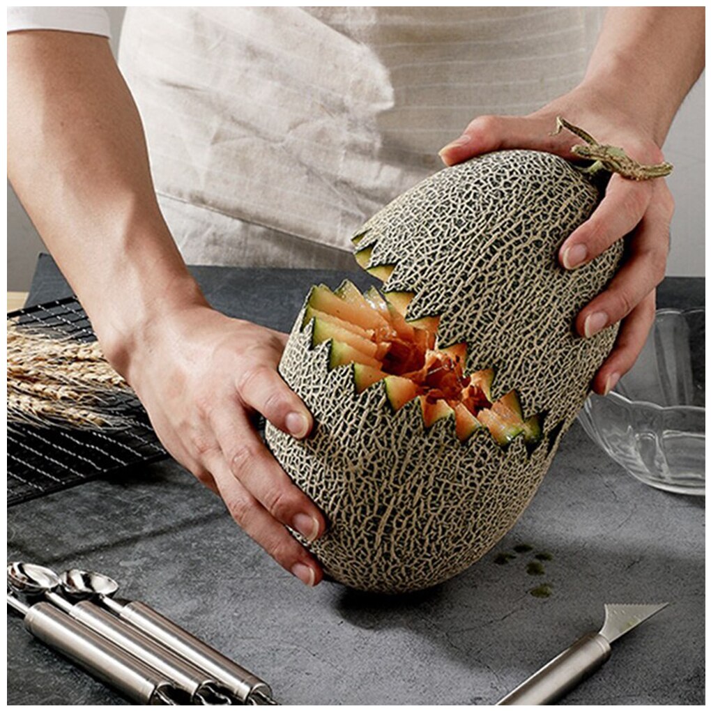 Fruit Bal Graven Apparaat Divider Watermeloen Aardappel Lepel Vruchten Platter Wasbare Scoop Met Haak Graveren Gadgets