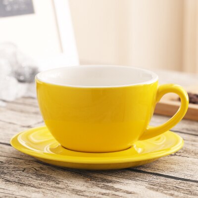 Taza de café artística Latte de boca ancha Macaron de 300ml con platillo, juego de tazas de café de cerámica esmaltada de colores gruesos europeos,: 05