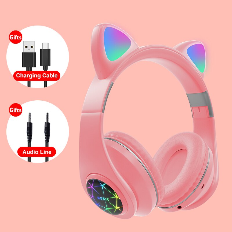 Oreja de Gato auriculares inalámbricos Bluetooth 5,0 RGB auriculares bajo ruido cancelación de los adultos niños auricular de mujer tarjeta de soporte TF Casco Mic: H3-Pink