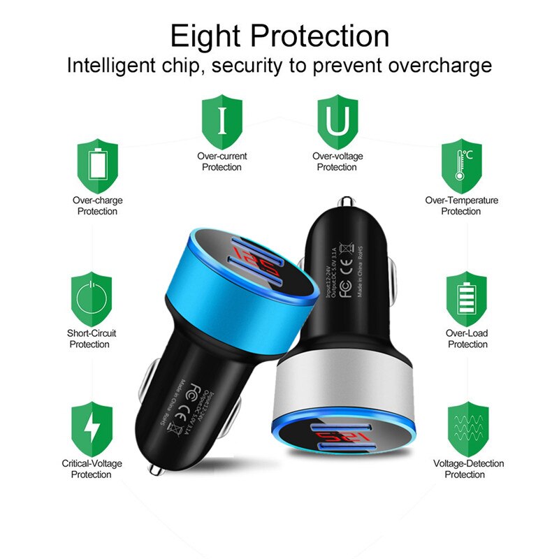 Chargeur de voiture avec affichage LED 3.1A, double port USB, adaptateur de Charge rapide pour téléphone portable, pour iPhone 12 11 Pro, Samsung, Xiaomi, Huawei, LG