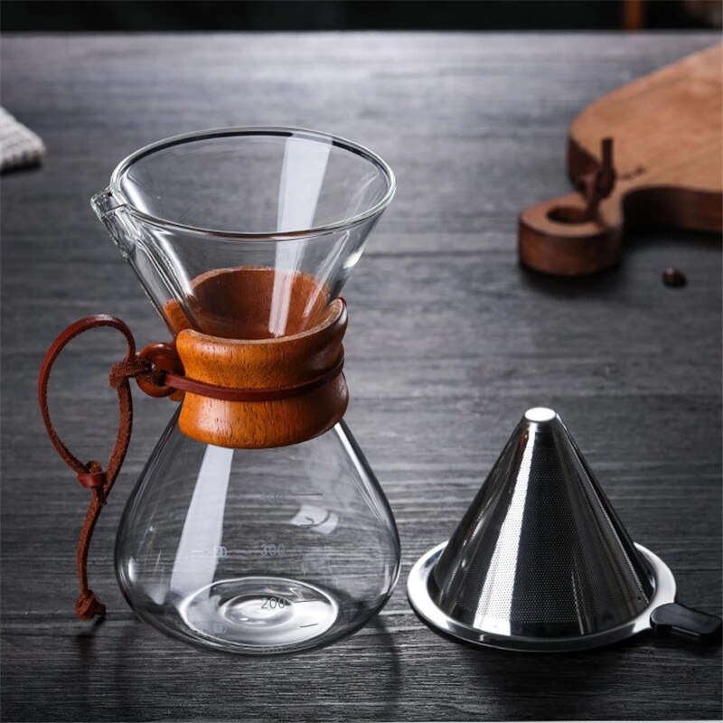Cafetière en verre résistante avec filtre en acier inoxydable, Anti-brûlure, poignée en bois, cafetière à expresso, outils de Barista