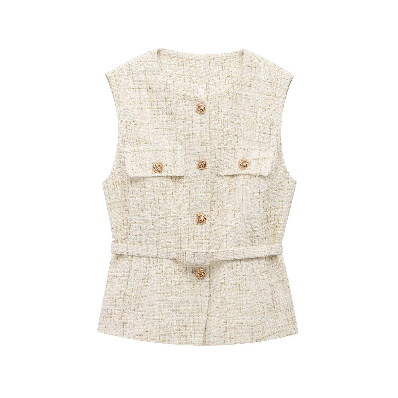 Damen-Tweed-Weste mit Gürtel, O-Ausschnitt, ärmellos, Knopfleiste vorne, Jacken, Damen-Oberbekleidung, schicke Oberteile, modischer Mantel: S / Beige