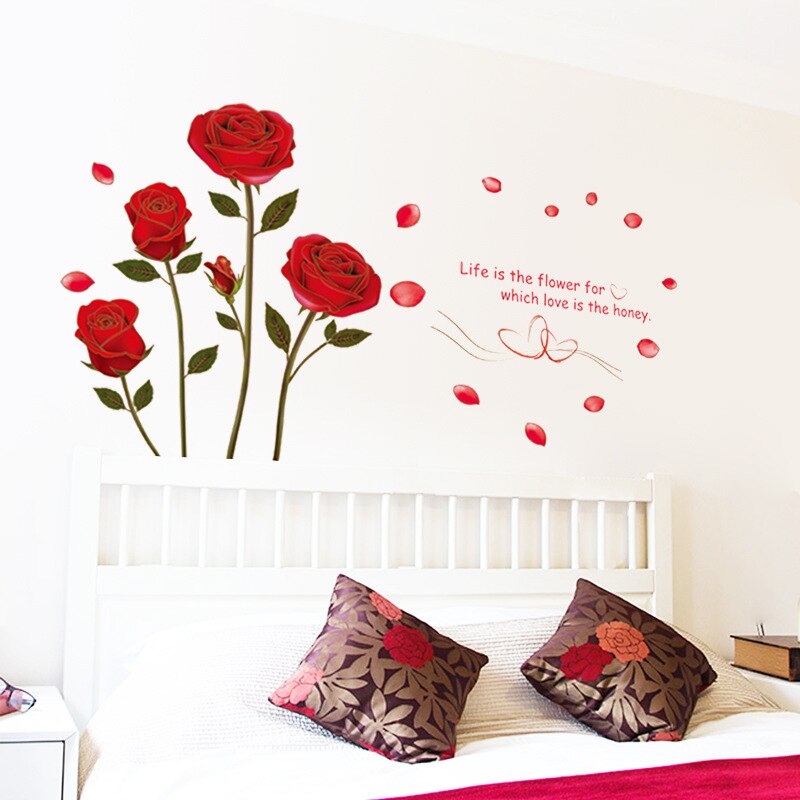 Autocollant Mural romantique rose rouge, pour chambre à coucher, salon, arrière-plan de canapé, décoration de la maison, stickers artistiques muraux à fleurs